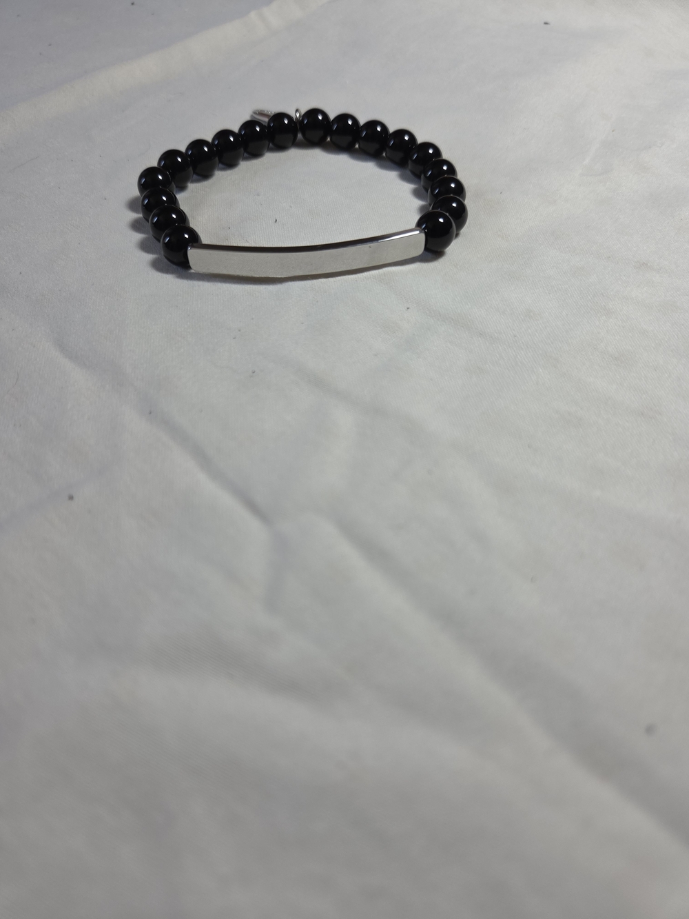 Black Beaded ID Bracelet with Silver Plate